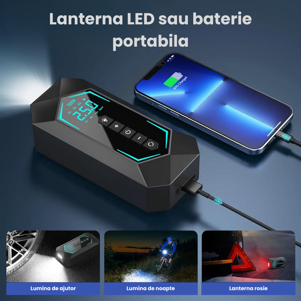Pompa Aer Auto Electrica HASEPE2, Compresor Portabil 150 PSI (10.3 bar), Afisaj Digital LCD, Umflare Rapida 70L/min, Baterie 5400 mAh, Incarcare Telefon, Lanterna LED, Reincarcare USB/Priza Auto, Negr [5]