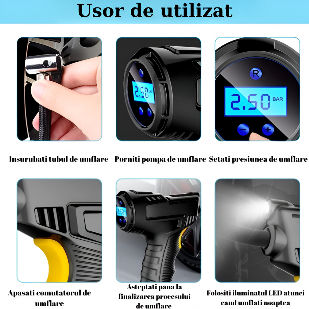 Pompa Aer Auto Electrica Home Sweet Paradise®, Compresor 150 PSI, Afisaj Digital LCD, Oprire Automata, Lanterna LED, Alimentare la Bricheta Masinii 12V, 120W, 25L/min, Negru [5]
