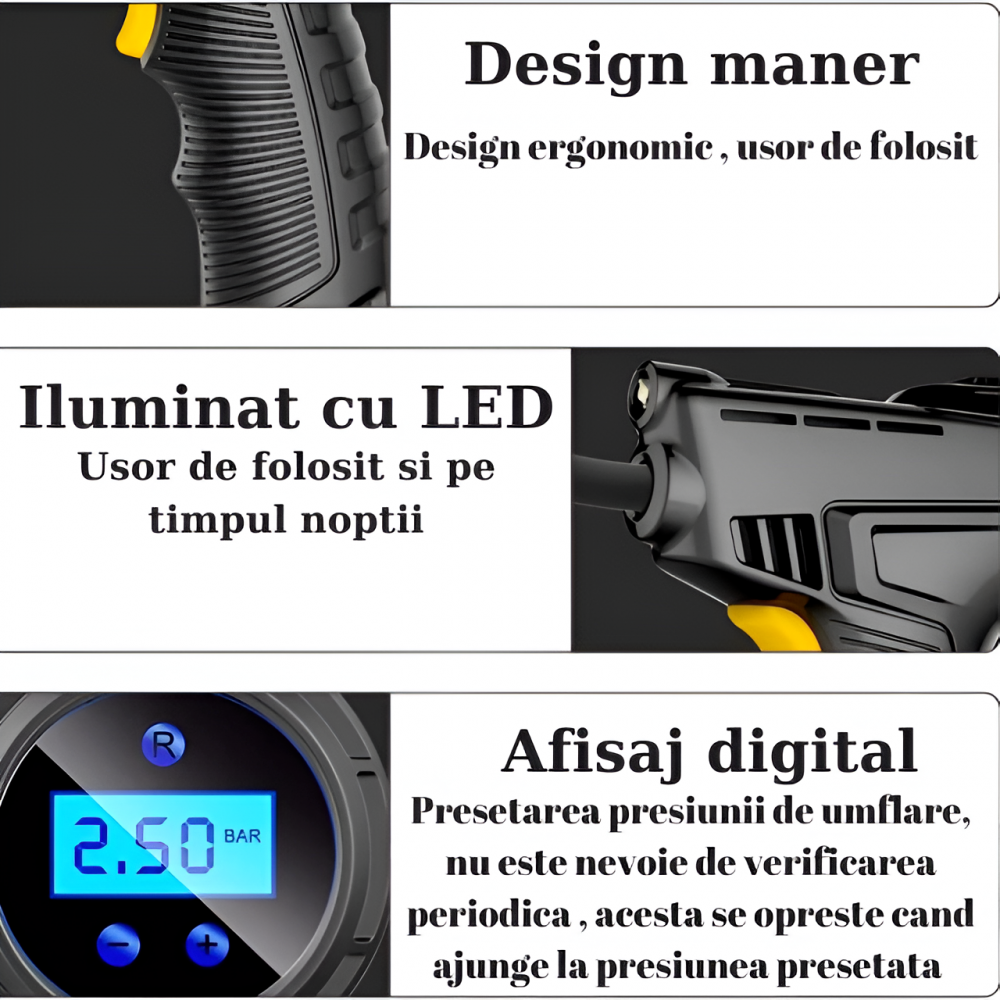 Pompa Aer Auto Electrica Home Sweet Paradise®, Compresor 150 PSI, Afisaj Digital LCD, Oprire Automata, Lanterna LED, Alimentare la Bricheta Masinii 12V, 120W, 25L/min, Negru [2]