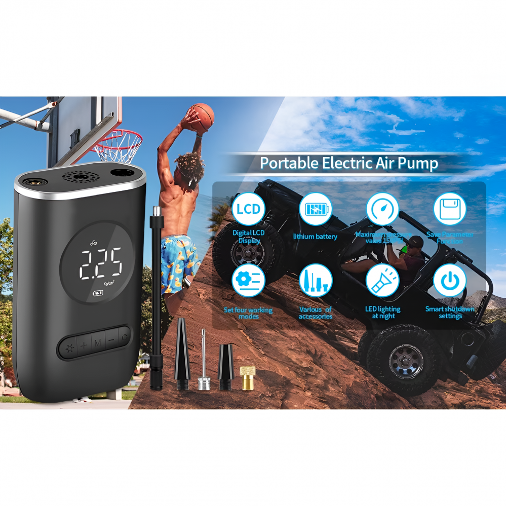 Pompa aer auto electrica Home Sweet Paradise®, afisaj digital LCD, Lanterna LED, Portabila, Reincarcare USB, baterie 4000 mAh, Manometru digital, 10,3 bar, Negru [5]