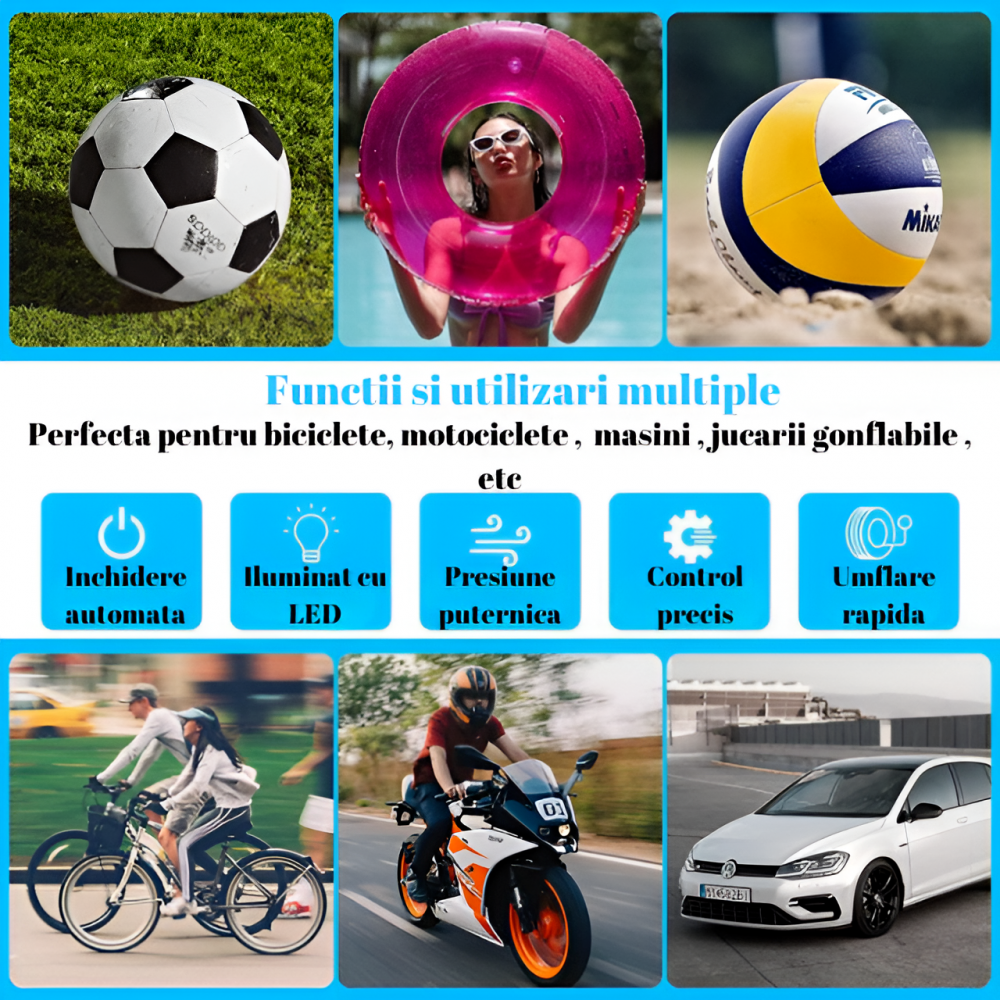 Pompa aer auto electrica Home Sweet Paradise®, afisaj digital LCD, Lanterna LED, Portabila, Reincarcare USB, baterie 4000 mAh, Manometru digital, 10,3 bar, Negru [7]