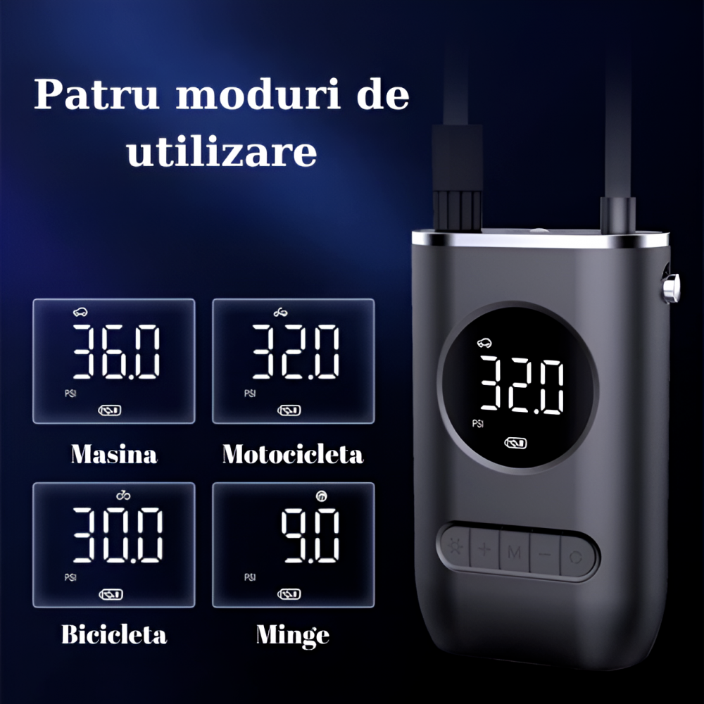 Pompa aer auto electrica Home Sweet Paradise®, afisaj digital LCD, Lanterna LED, Portabila, Reincarcare USB, baterie 4000 mAh, Manometru digital, 10,3 bar, Negru [2]