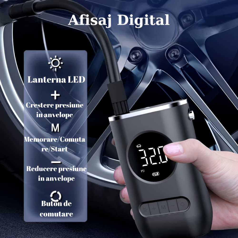 Pompa aer auto electrica Home Sweet Paradise®, afisaj digital LCD, Lanterna LED, Portabila, Reincarcare USB, baterie 4000 mAh, Manometru digital, 10,3 bar, Negru [3]