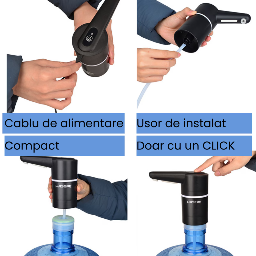 Pompa electrica apa pentru bidon HASEPE, Dozator electric apa si Aparat portabil, Incarcare USB, Baterie 1200 mAh, Lumina LED, Umplere rapida, Compatibil cu bidoane 5L/10L/15L, Silicon PP Rezistent, D [16]