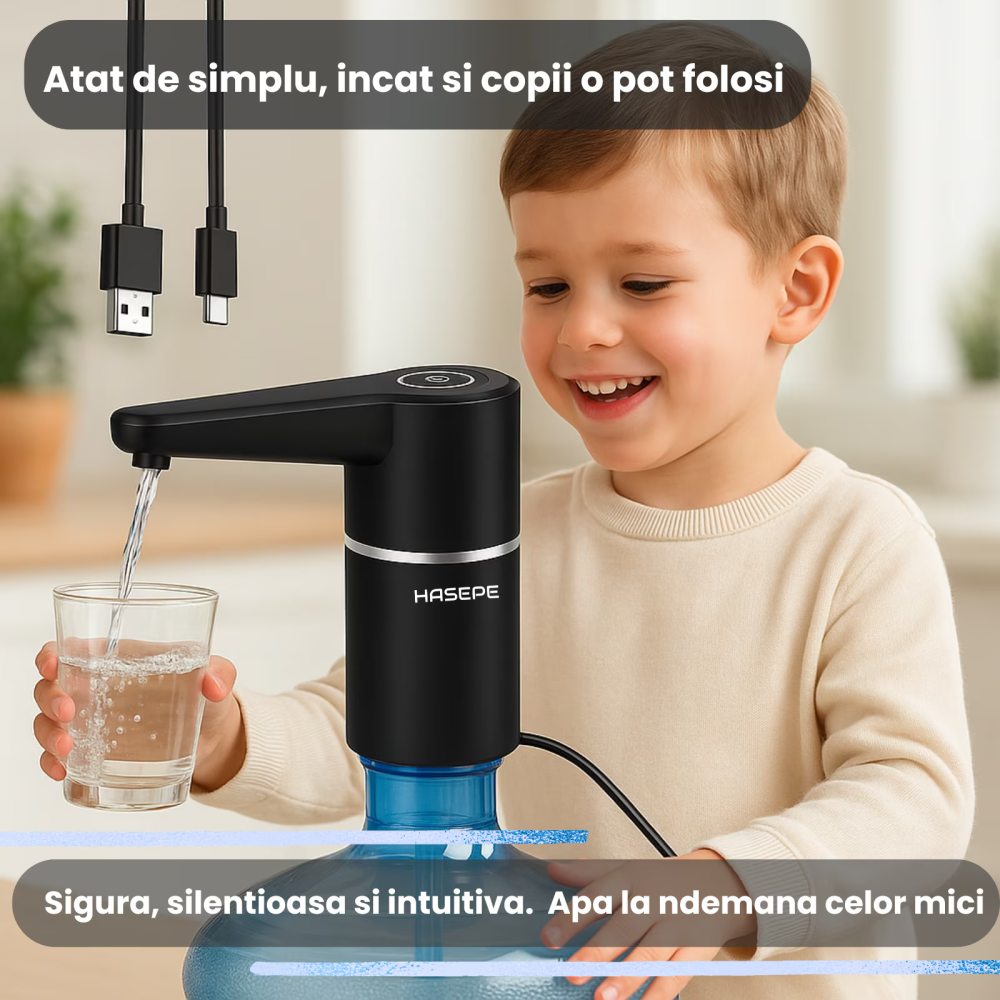 Pompa electrica apa pentru bidon HASEPE, Dozator electric apa si Aparat portabil, Incarcare USB, Baterie 1200 mAh, Lumina LED, Umplere rapida, Compatibil cu bidoane 5L/10L/15L, Silicon PP Rezistent, D [10]