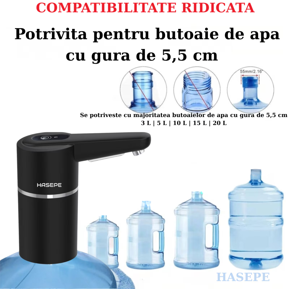 Pompa electrica apa pentru bidon HASEPE, Dozator electric apa si Aparat portabil, Incarcare USB, Baterie 1200 mAh, Lumina LED, Umplere rapida, Compatibil cu bidoane 5L/10L/15L, Silicon PP Rezistent, D [5]