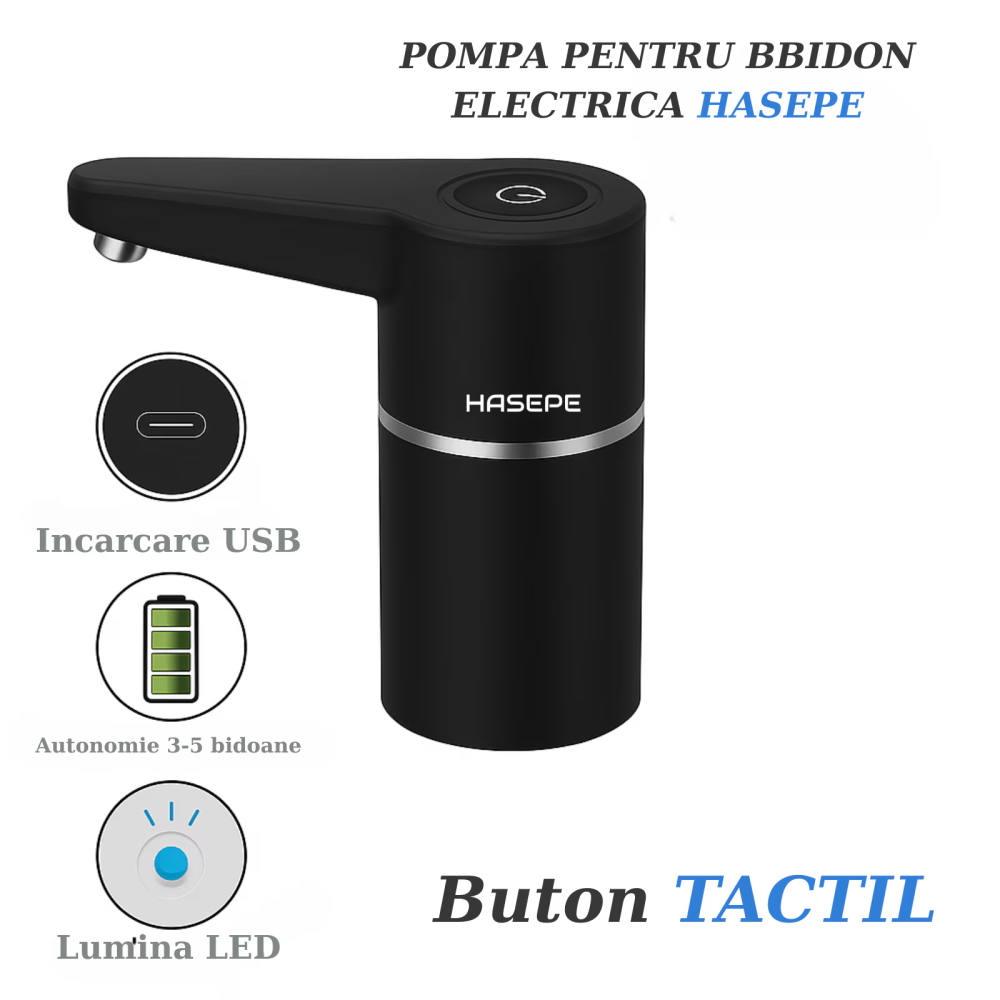 Pompa electrica apa pentru bidon HASEPE, Dozator electric apa si Aparat portabil, Incarcare USB, Baterie 1200 mAh, Lumina LED, Umplere rapida, Compatibil cu bidoane 5L/10L/15L, Silicon PP Rezistent, D [13]