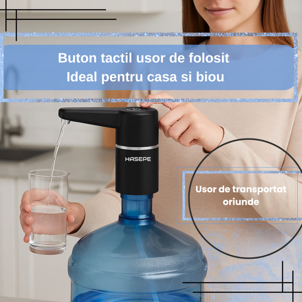 Pompa electrica apa pentru bidon HASEPE, Dozator electric apa si Aparat portabil, Incarcare USB, Baterie 1200 mAh, Lumina LED, Umplere rapida, Compatibil cu bidoane 5L/10L/15L, Silicon PP Rezistent, D [8]