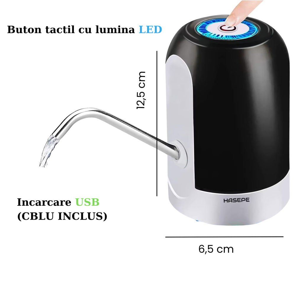 Pompa electrica apa pentru bidon HASEPE, DOZATOR electric portabil cu BUTON TACTIL, reincarcabila USB si baterie 1200mAh, cu LUMINA LED pentru UMPLERE RAPIDA, compatibila BIDOANE 5L-15L, tub INOX rezi [12]