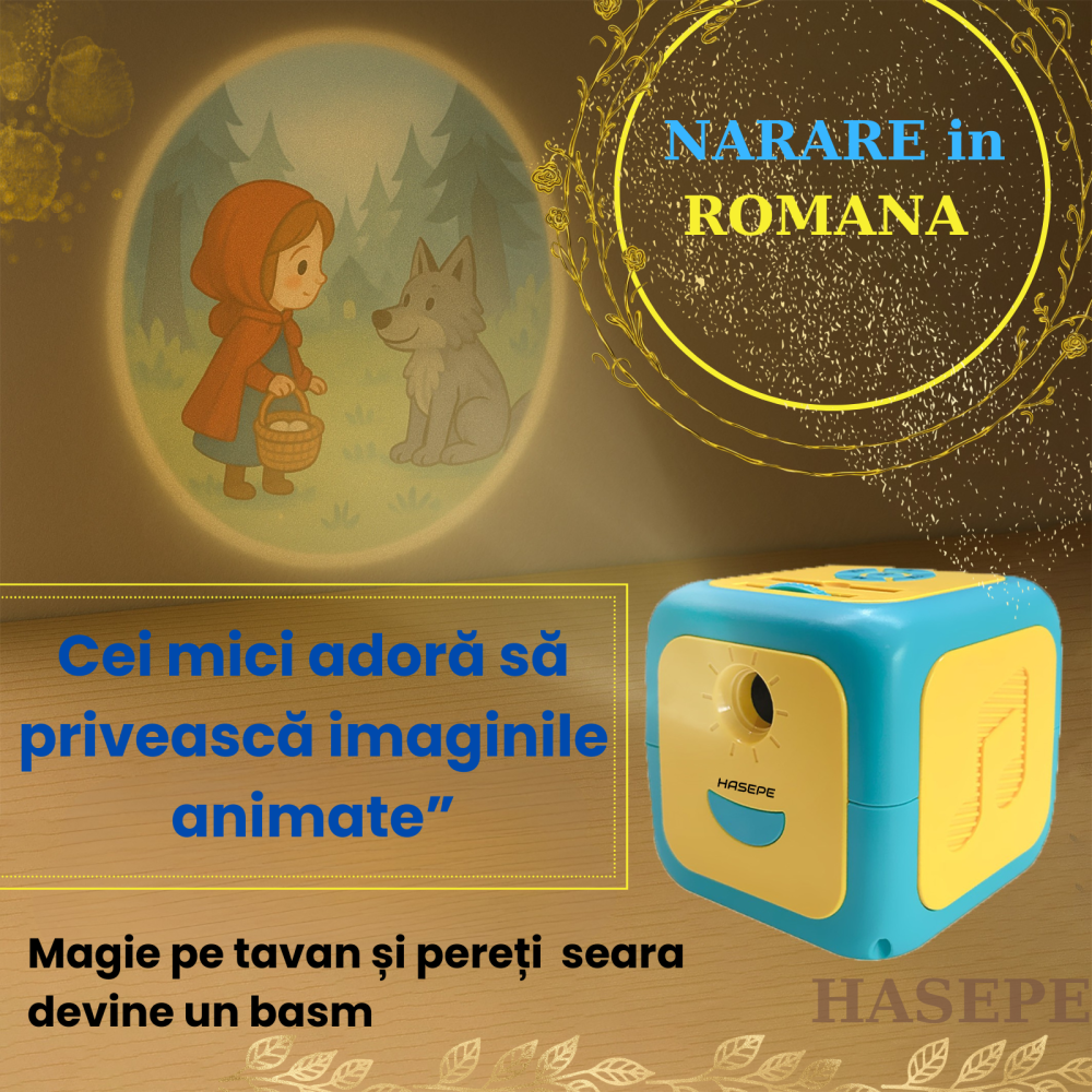Proiector Povesti HASEPE® Cu Narare In Limba Romana, Proiector Povesti Cu 8 Discuri Si 8 Melodii Leagan, Lampa Veghe Copii, Cub Proiector Povesti Pentru Tavan Sau Perete, Joc Educativ Interactiv [8]