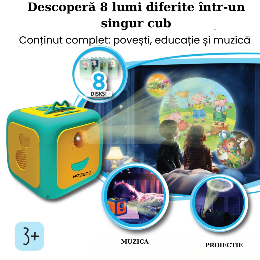 Proiector Povesti HASEPE® Cu Narare In Limba Romana, Proiector Povesti Cu 8 Discuri Si 8 Melodii Leagan, Lampa Veghe Copii, Cub Proiector Povesti Pentru Tavan Sau Perete, Joc Educativ Interactiv [9]