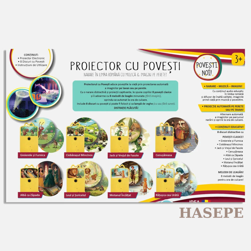Proiector Povesti HASEPE® Cu Narare In Limba Romana, Proiector Povesti Cu 8 Discuri Si 8 Melodii Leagan, Lampa Veghe Copii, Cub Proiector Povesti Pentru Tavan Sau Perete, Joc Educativ Interactiv [3]