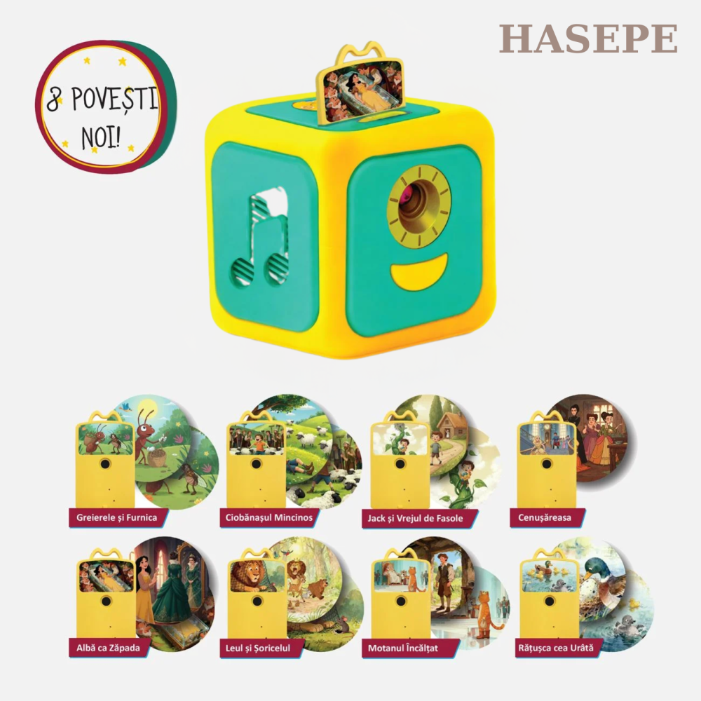 Proiector Povesti HASEPE® Cu Narare In Limba Romana, Proiector Povesti Cu 8 Discuri Si 8 Melodii Leagan, Lampa Veghe Copii, Cub Proiector Povesti Pentru Tavan Sau Perete, Joc Educativ Interactiv [2]