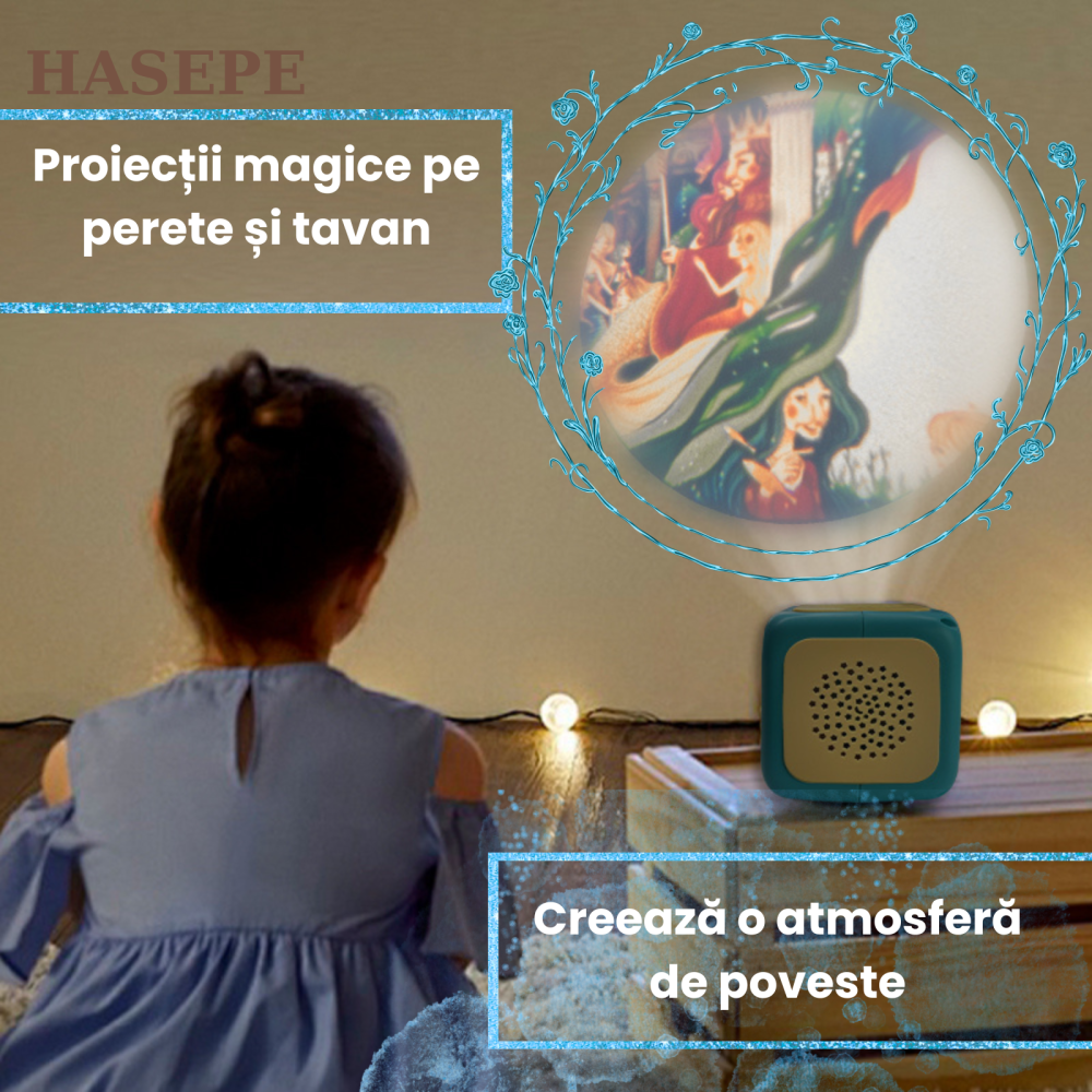Proiector Povesti HASEPE® Cu Narare In Limba Romana, Proiector Povesti Cu 8 Discuri Si 8 Melodii Leagan, Lampa Veghe Copii, Cub Proiector Povesti Pentru Tavan Sau Perete, Joc Educativ Interactiv [4]