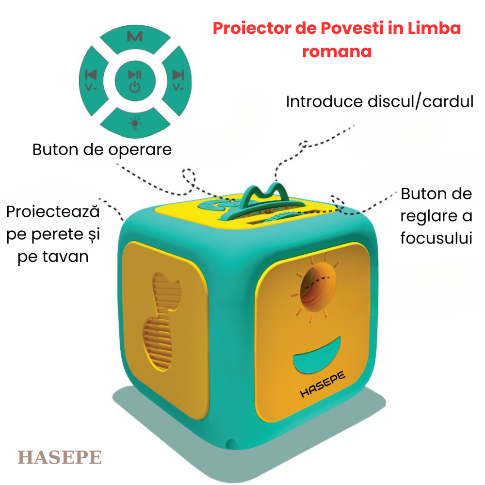 Proiector Povesti HASEPE® Cu Narare In Limba Romana, Proiector Povesti Cu 8 Discuri Si 8 Melodii Leagan, Lampa Veghe Copii, Cub Proiector Povesti Pentru Tavan Sau Perete, Joc Educativ Interactiv [10]