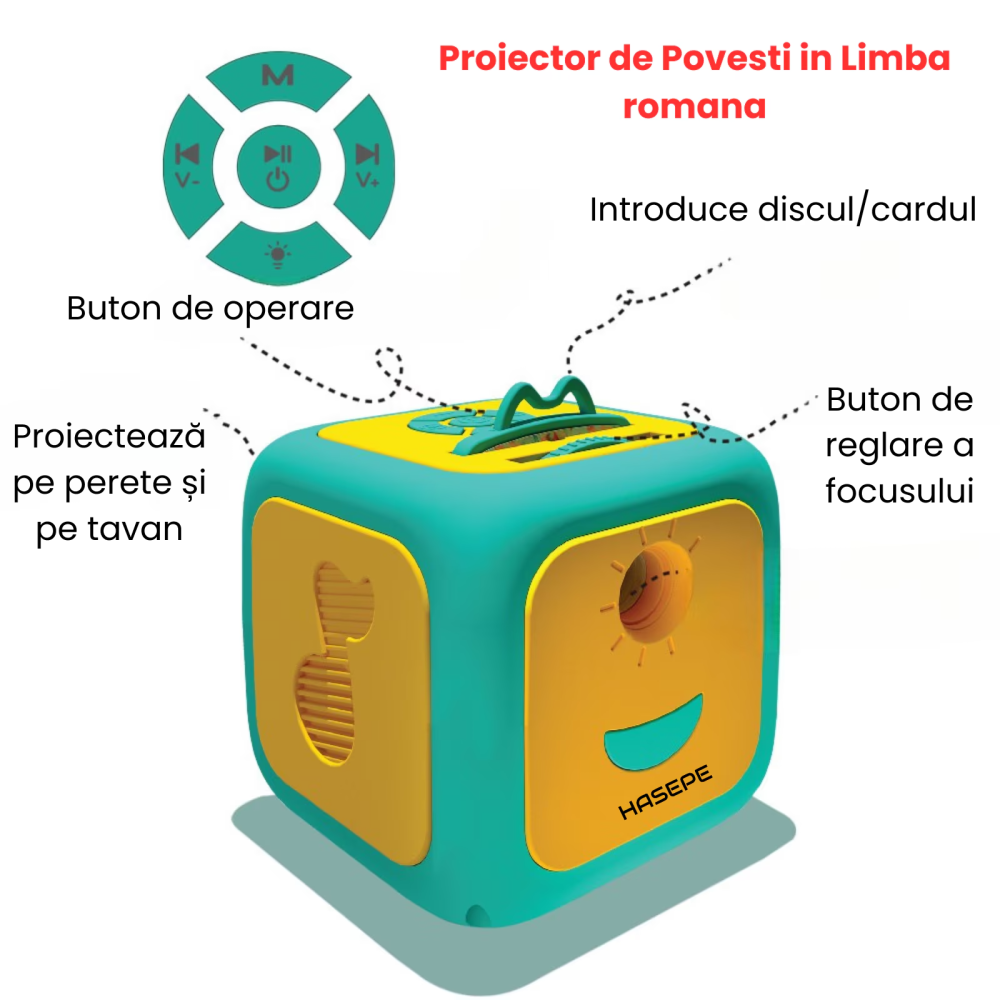 Proiector de Povesti pentru Copii HASEPE, Cub Interactiv cu Narare in Limba Romana, 8 Discuri cu Povesti, Alfabet, Forme si Numere, Proiectie pe Perete sau Tavan, Cantece si Melodii de Leagan, Verde/G [10]