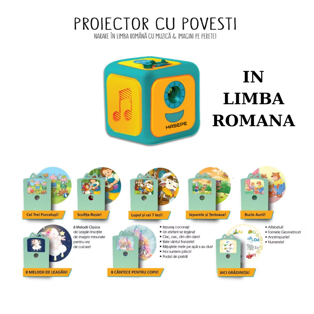 Proiector de Povesti pentru Copii HASEPE, Cub Interactiv cu Narare in Limba Romana, 8 Discuri cu Povesti, Alfabet, Forme si Numere, Proiectie pe Perete sau Tavan, Cantece si Melodii de Leagan, Verde/G [8]