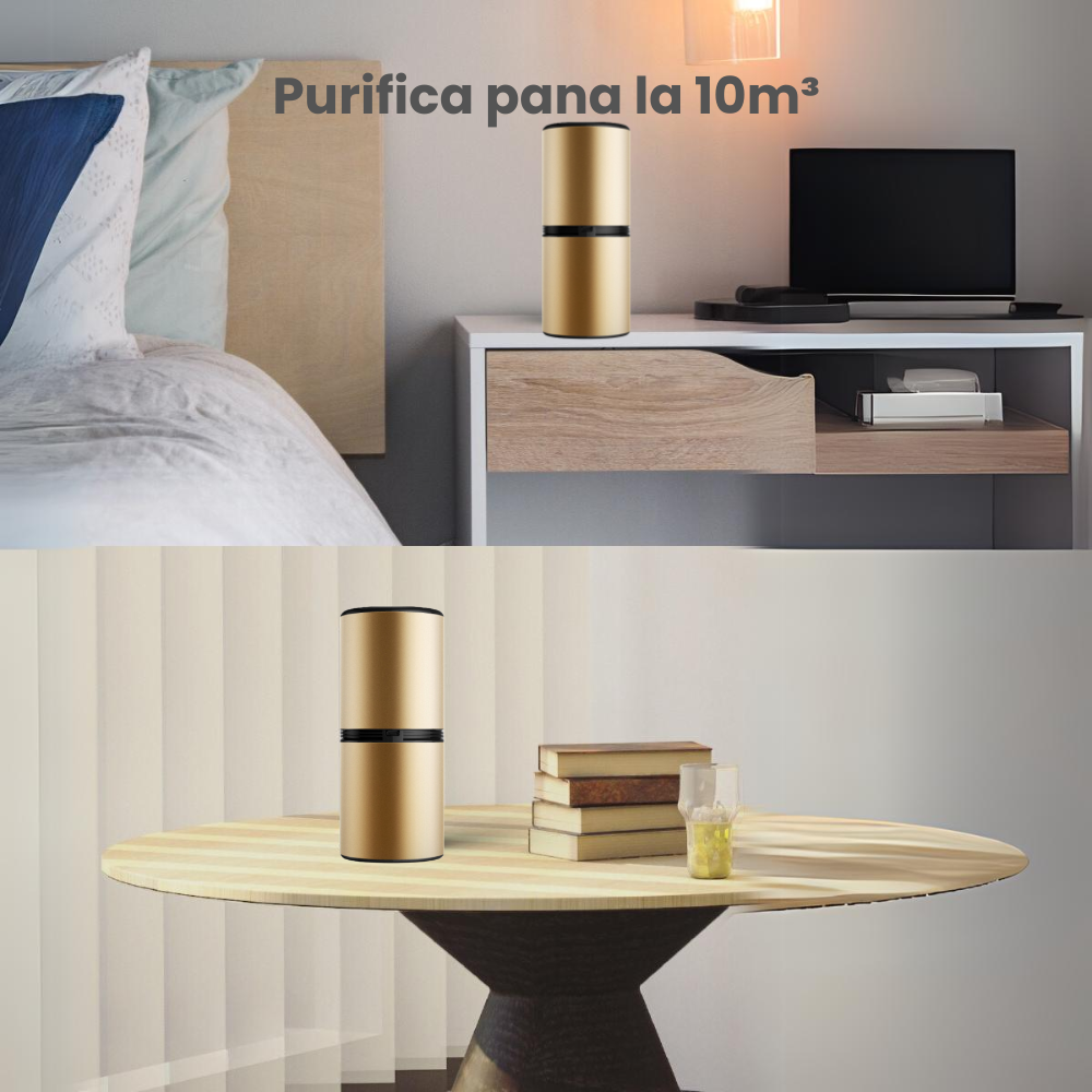 Purificator aer auto portabil HASEPE, Ionizare negativa, fara consumabile, elimina mirosurile, polenul, fumul, praful, acoperire 10m3, USB C, Auriu [2]