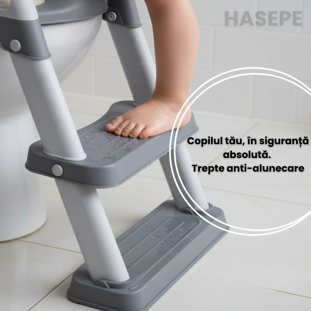 Reductor WC copii cu scarita HASEPE, pliabil, cu trepte si manere antiderapante, sezut moale PU pentru confort sporit, sigur si usor de depozitat [5]