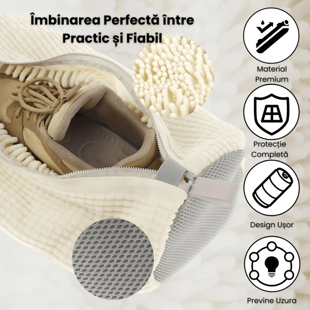 Sac Spalat Incaltaminte HASEPE, Protectie Pantofi in Masina de Spalat, Fibra Moale, Material Rezistent, Fermoar Premium, 39x19 cm, Alb [6]