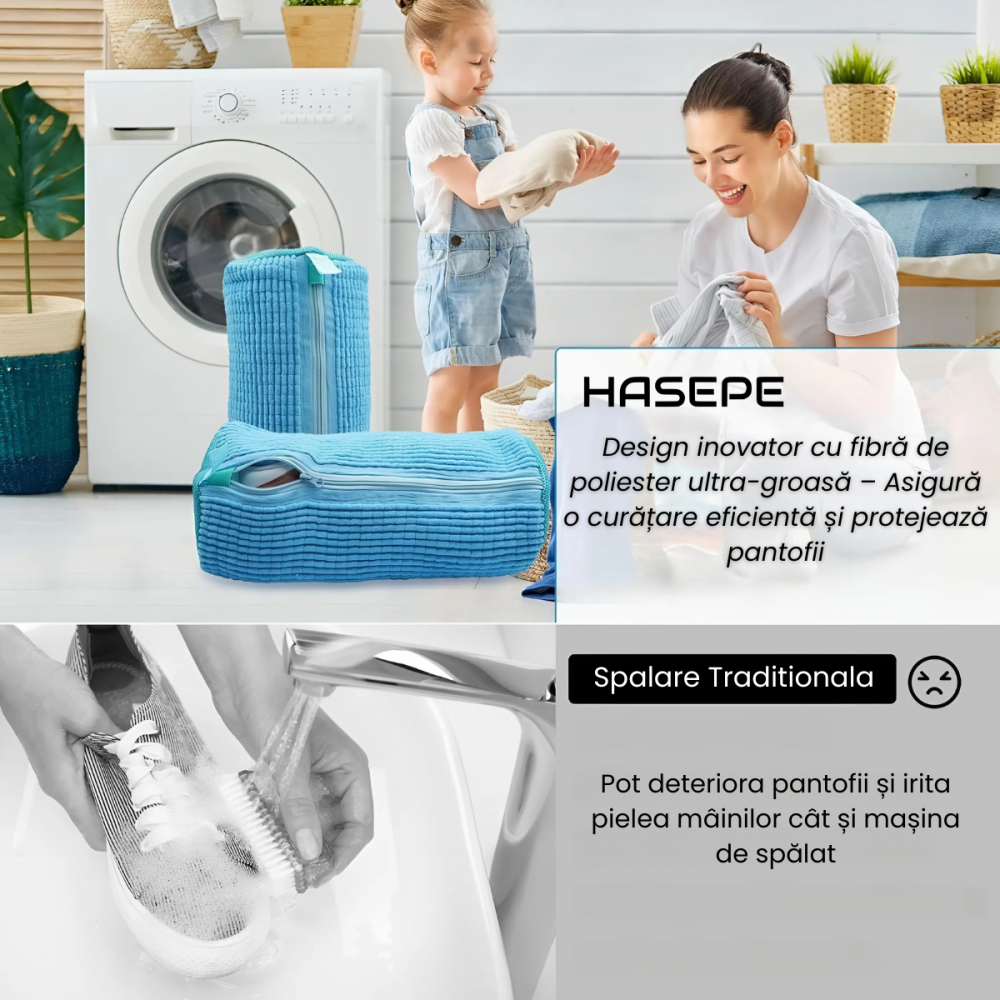 Sac Spalat Incaltaminte HASEPE pentru Masina de Spalat, Protectie Pantofi, Fibra Moale, Material Rezistent, Fermoar Premium, 39x19 cm, Albastru [7]