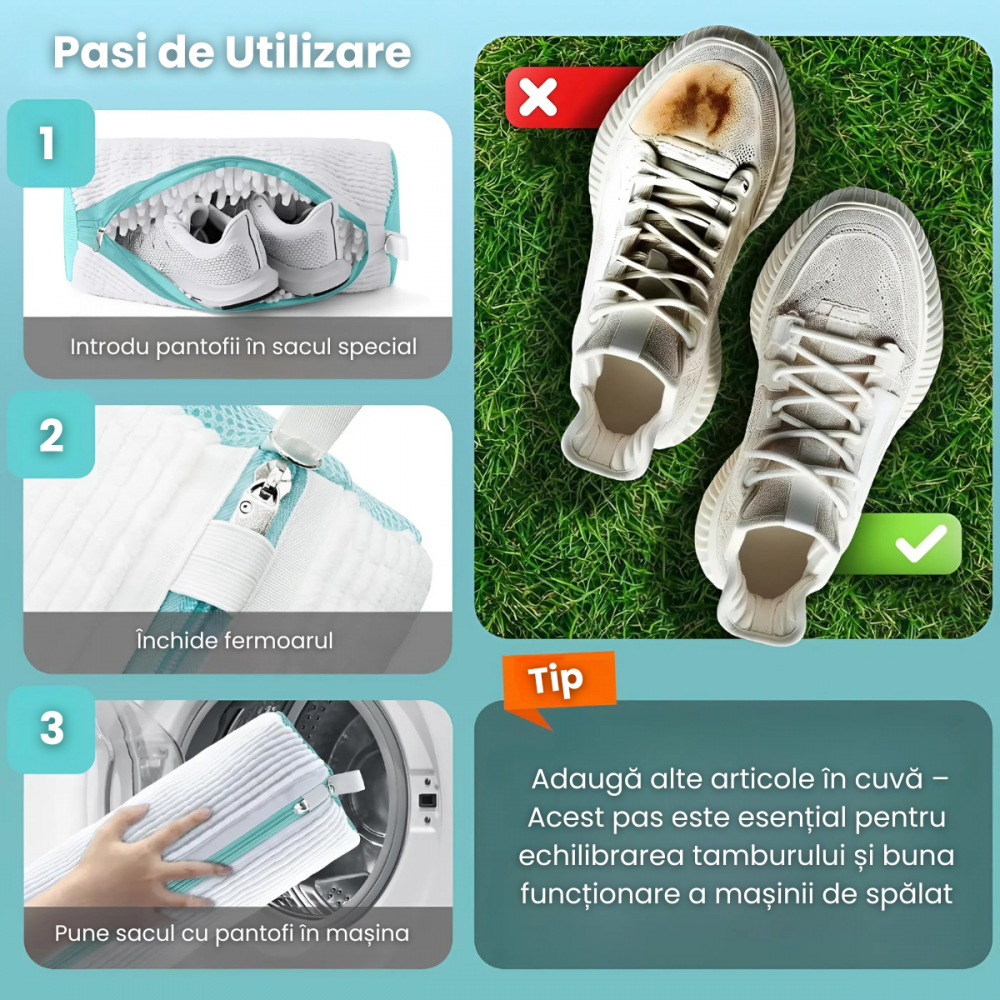 Sac Spalat Incaltaminte HASEPE pentru Masina de Spalat, Protectie Pantofi, Fibra Moale, Material Rezistent, Fermoar Premium, 39x19 cm, Alb/Albastru [7]