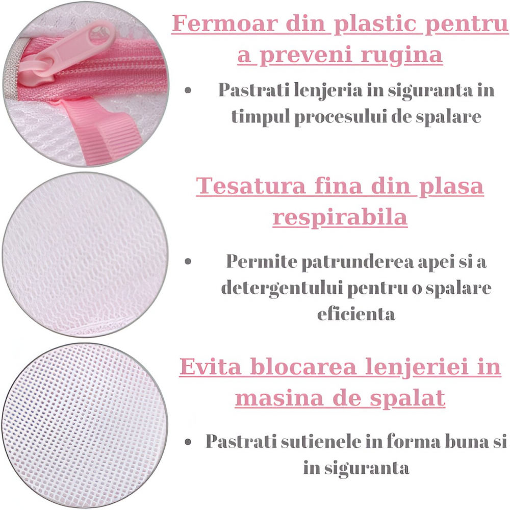 Saculet pentru spalat lenjerie intima Home Sweet Paradise, plasa dubla protectie, fermoar rezistent, reutilizabil, pentru masina de spalat si uscator, 17x16 cm, alb roz [3]