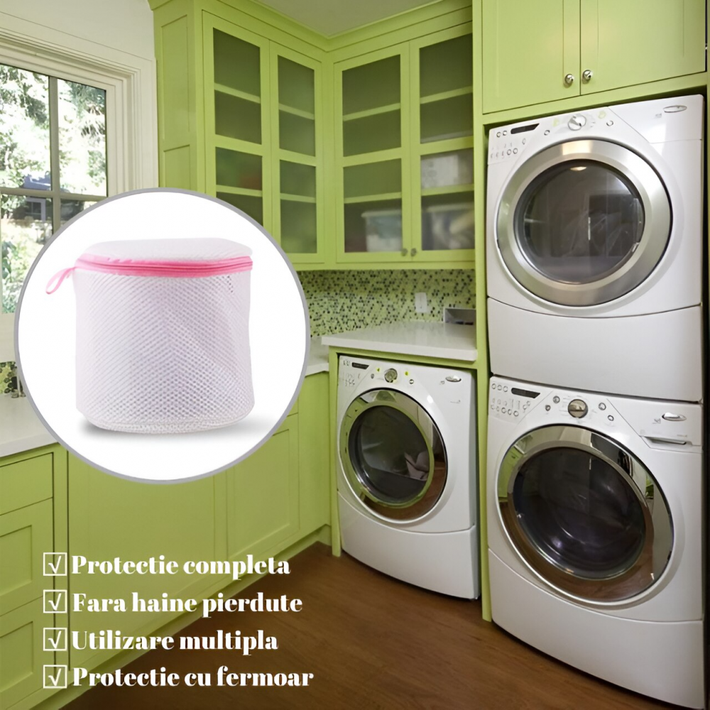 Saculet pentru spalat lenjerie intima Home Sweet Paradise, plasa dubla protectie, fermoar rezistent, reutilizabil, pentru masina de spalat si uscator, 17x16 cm, alb roz [7]