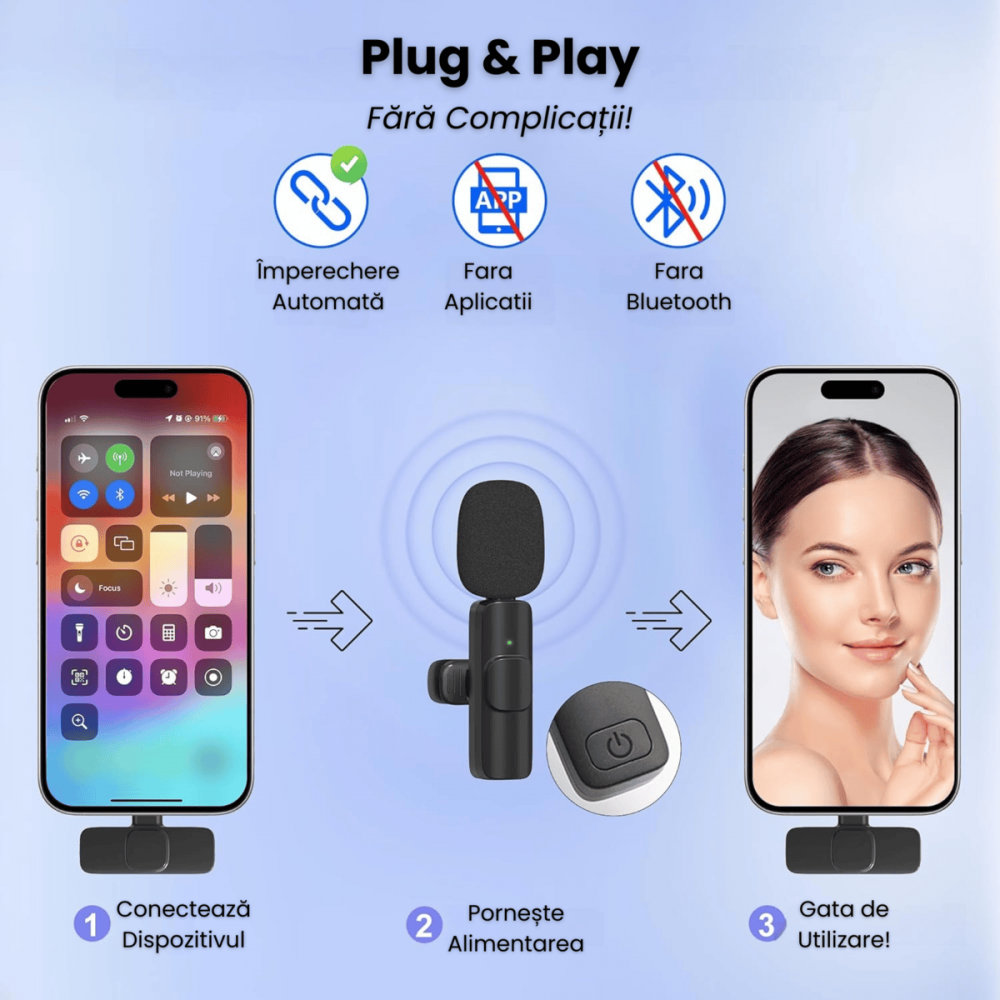 Set 2 Microfoane Lavaliera Profesionala Wireless HASEPE, Compatibil iPhone, Android, Laptop, Tableta, Type C, Lightning, Mufa Jack, Reducere Zgomot, Reincarcabile, Portabile, 2,4 GHz, Live Streamin [6]