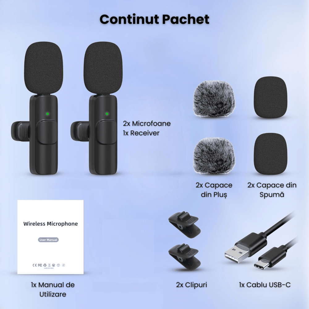 Set 2 Microfoane Lavaliera Profesionala Wireless HASEPE, Compatibil iPhone, Android, Laptop, Tableta, Type C, Lightning, Mufa Jack, Reducere Zgomot, Reincarcabile, Portabile, 2,4 GHz, Live Streamin [5]