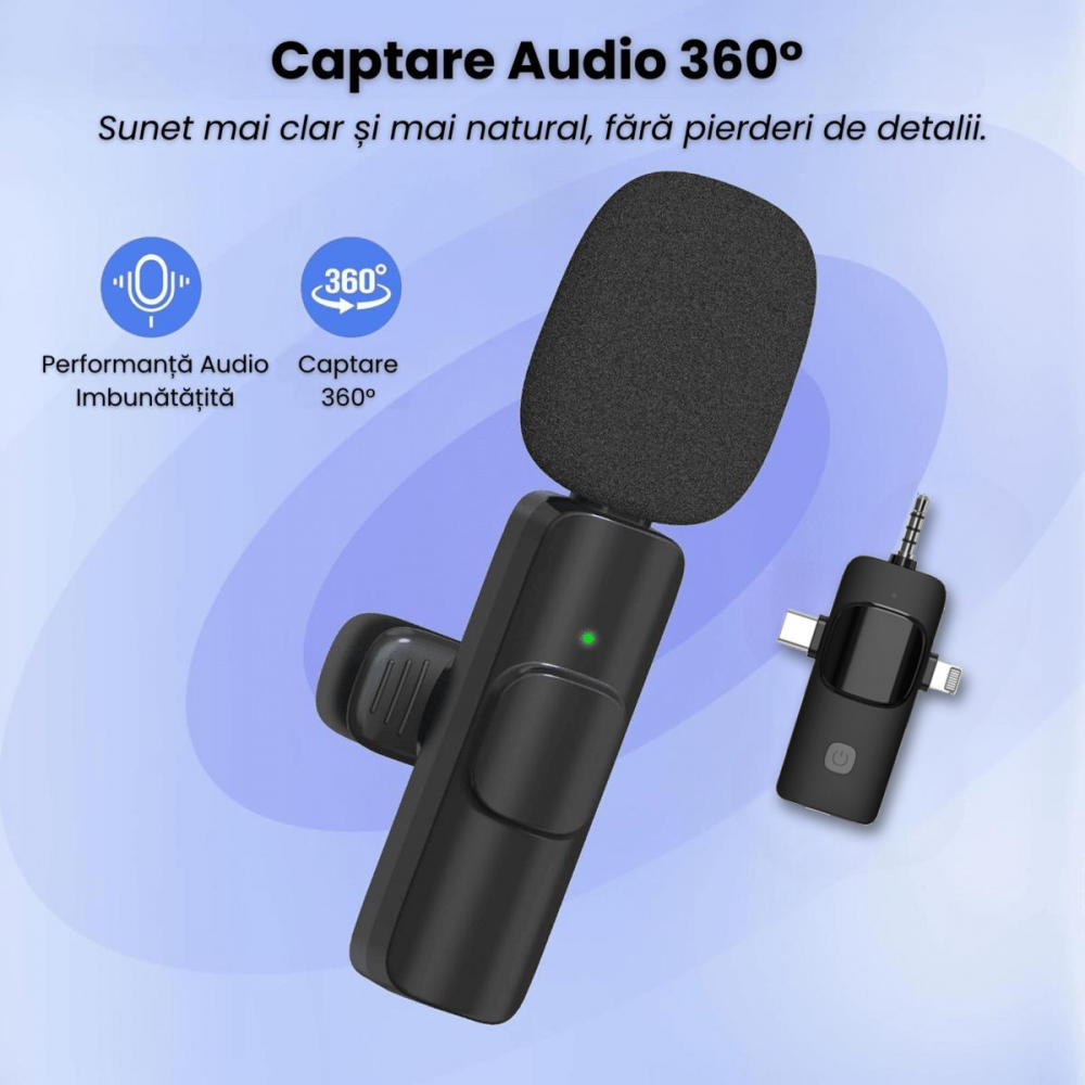 Set 2 Microfoane Lavaliera Profesionala Wireless HASEPE, Compatibil iPhone, Android, Laptop, Tableta, Type C, Lightning, Mufa Jack, Reducere Zgomot, Reincarcabile, Portabile, 2,4 GHz, Live Streamin [3]