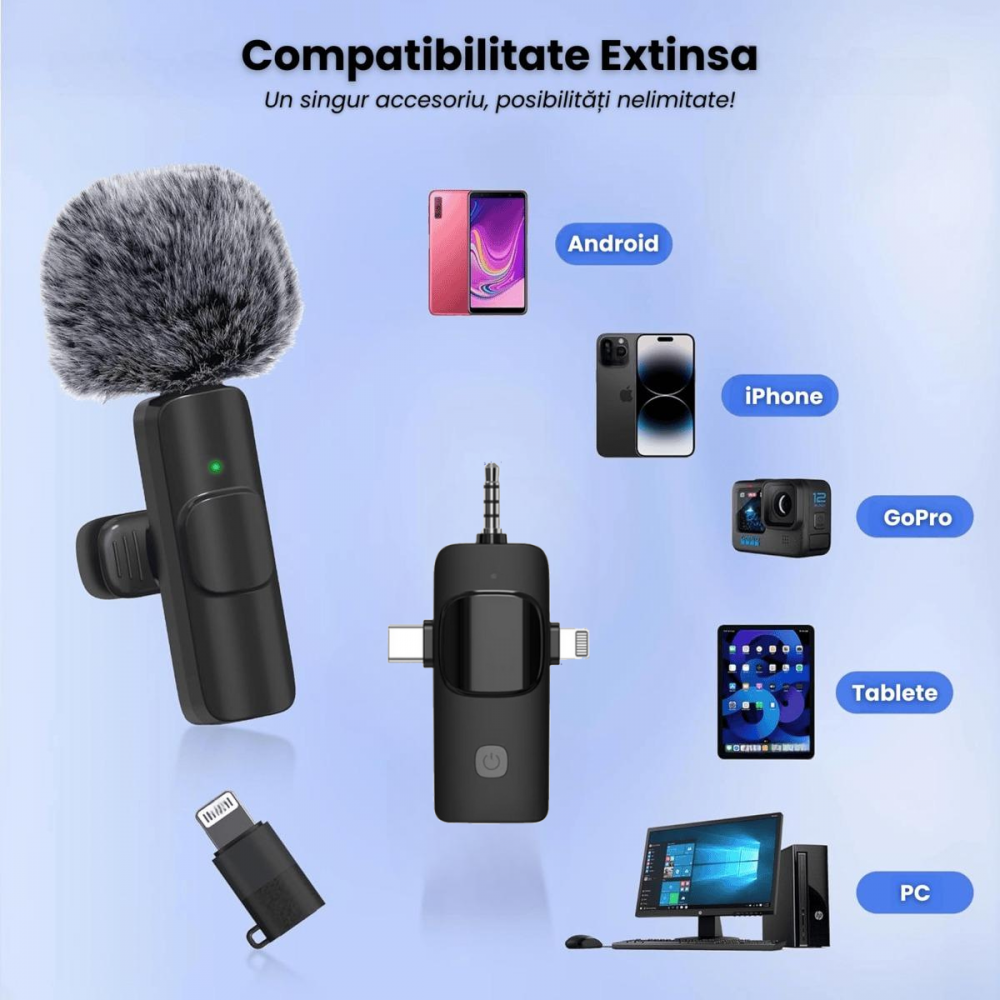 Set 2 Microfoane Lavaliera Profesionala Wireless HASEPE, Compatibil iPhone, Android, Laptop, Tableta, Type C, Lightning, Mufa Jack, Reducere Zgomot, Reincarcabile, Portabile, 2,4 GHz, Live Streamin [4]