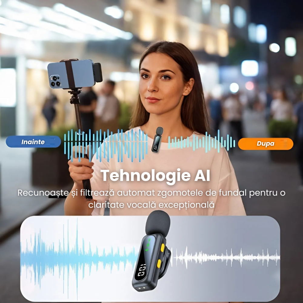 Set 2 Microfoane Lavaliera Wireless HASEPE cu Afisaj Digital, Anulare Zgomot 360, Raza 30m, 4 Moduri Sunet, Compatibile iPhone, Android, PC, iPad, Tableta, Autonomie 14h [5]
