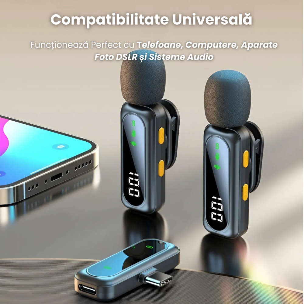 Set 2 Microfoane Lavaliera Wireless HASEPE cu Afisaj Digital, Anulare Zgomot 360, Raza 30m, 4 Moduri Sunet, Compatibile iPhone, Android, PC, iPad, Tableta, Autonomie 14h [2]