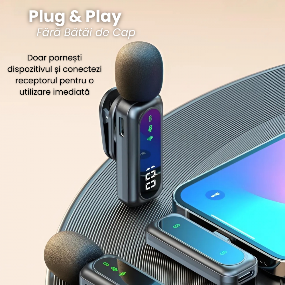 Set 2 Microfoane Lavaliera Wireless HASEPE cu Afisaj Digital, Anulare Zgomot 360, Raza 30m, 4 Moduri Sunet, Compatibile iPhone, Android, PC, iPad, Tableta, Autonomie 14h [6]