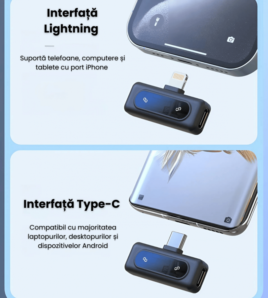 Set 2 Microfoane Lavaliera Wireless HASEPE, Reducere Zgomot, Transmisie 2.4G Stabilă, Receptor Type-C Plug & Play, Dual Microfon, Sunet Clar pentru Vlog, YouTube, Live, Podcast [6]