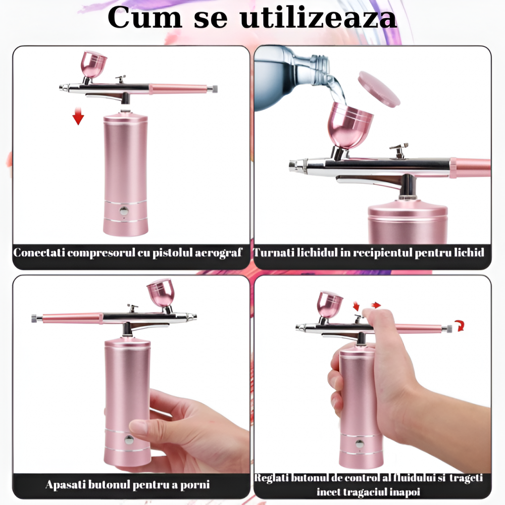Set aerograf Airbrush portabil cu compresor HASEPE, pulverizator de mana, Duza 0,3mm, fara fir, pentru manichiura, pictura corp, tatuaj semipermanent, ornare torturi, Roz [4]