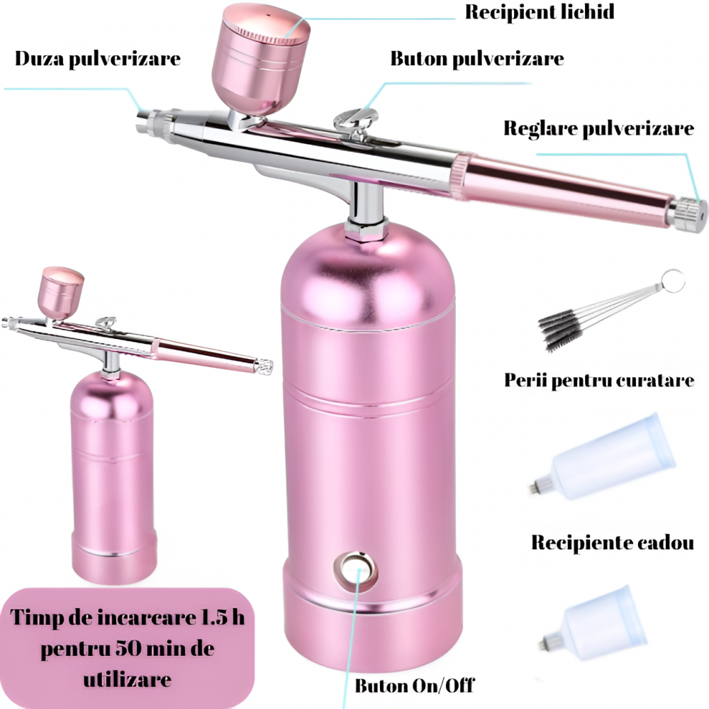 Set aerograf Airbrush portabil cu compresor HASEPE, pulverizator de mana, Duza 0,3mm, fara fir, pentru manichiura, pictura corp, tatuaj semipermanent, ornare torturi, Roz [6]