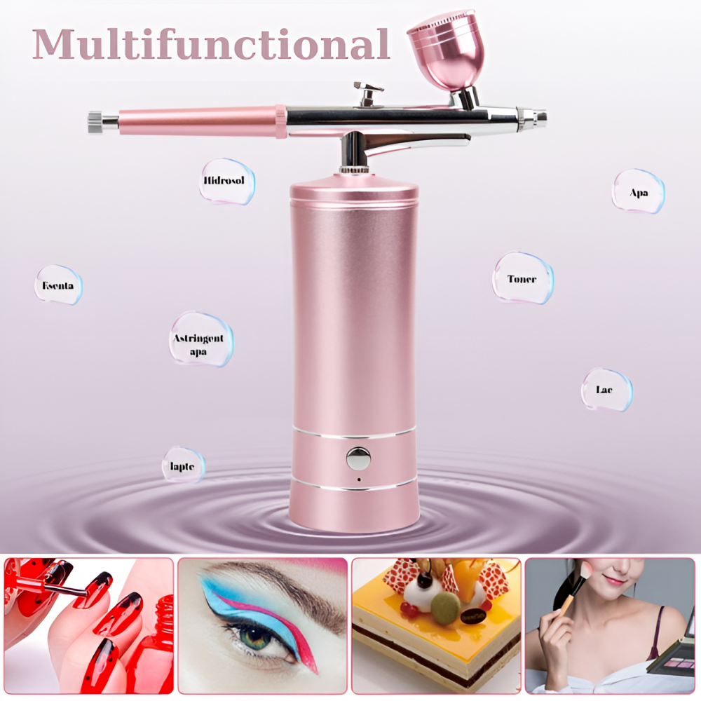 Set aerograf Airbrush portabil cu compresor HASEPE, pulverizator de mana, Duza 0,3mm, fara fir, pentru manichiura, pictura corp, tatuaj semipermanent, ornare torturi, Roz [3]