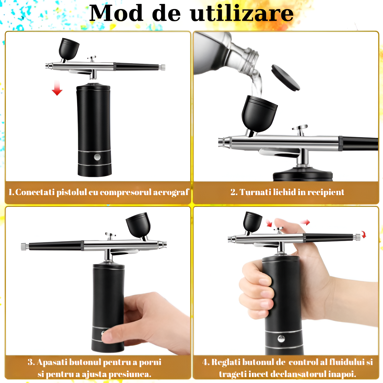 Set Aerograf Airbrush Portabil cu Compresor si Furtun Detasabil HASEPE, Duza 0.3mm, Reincarcabil USB, pentru Manichiura, Pictura, Tatuaje, Ornare Torturi, Negru [3]