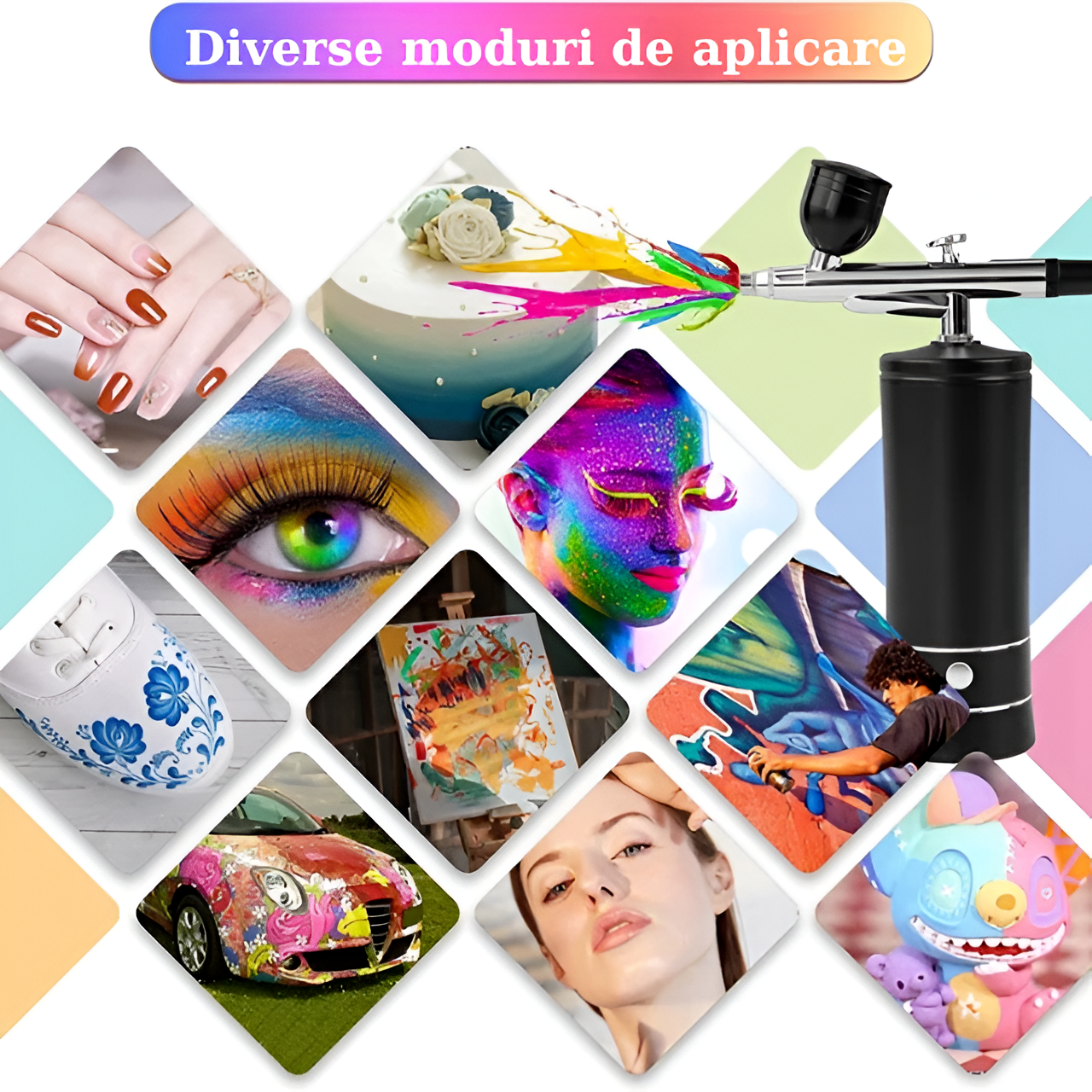Set Aerograf Airbrush Portabil cu Compresor si Furtun Detasabil HASEPE, Duza 0.3mm, Reincarcabil USB, pentru Manichiura, Pictura, Tatuaje, Ornare Torturi, Negru [6]