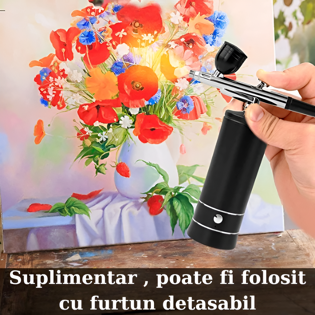 Set Aerograf Airbrush Portabil cu Compresor si Furtun Detasabil HASEPE, Duza 0.3mm, Reincarcabil USB, pentru Manichiura, Pictura, Tatuaje, Ornare Torturi, Negru [5]