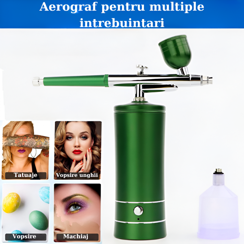 Set aerograf portabil cu compresor HASEPE, pulverizator de mana, Duza 0,3mm, fara fir, pentru manichiura, pictura corp, tatuaj semipermanent, ornare torturi, Verde [9]