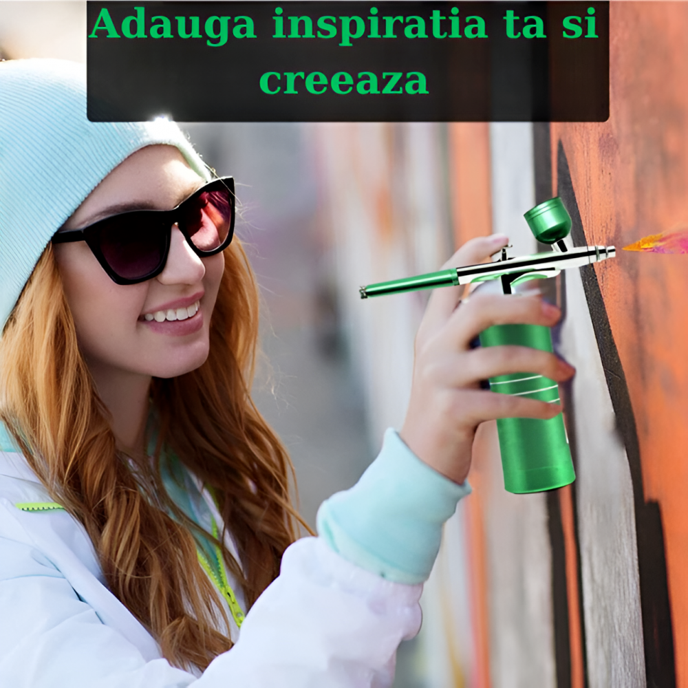 Set aerograf portabil cu compresor HASEPE, pulverizator de mana, Duza 0,3mm, fara fir, pentru manichiura, pictura corp, tatuaj semipermanent, ornare torturi, Verde [5]