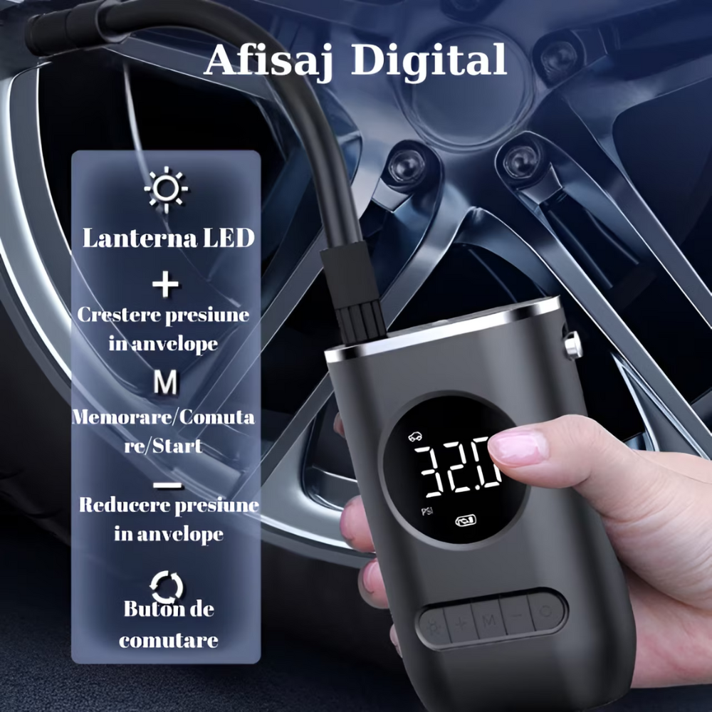 Set pompa aer auto electrica si kit reparatie HASEPE, afisaj digital LCD, Lanterna LED, Portabila, Reincarcare USB, baterie 4000 mAh, Manometru digital, 10,3 bar, Negru [4]
