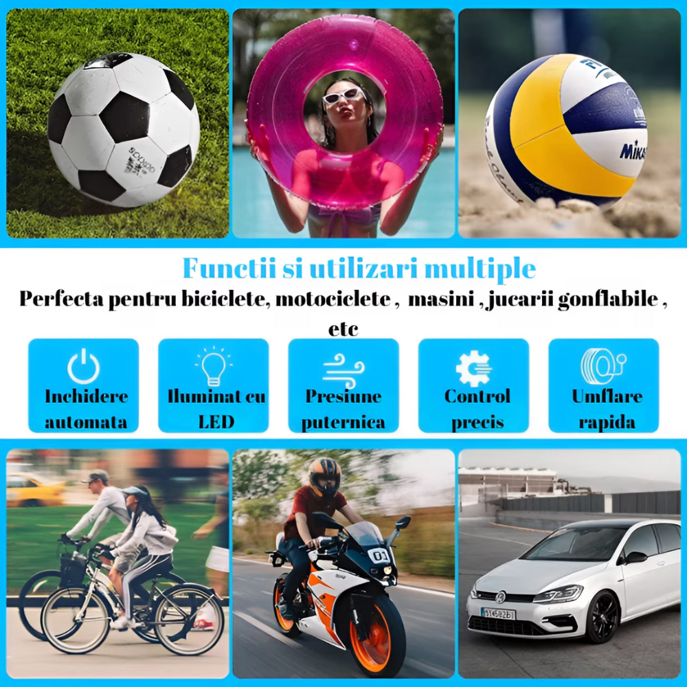 Set pompa aer auto electrica si kit reparatie HASEPE, afisaj digital LCD, Lanterna LED, Portabila, Reincarcare USB, baterie 4000 mAh, Manometru digital, 10,3 bar, Negru [5]