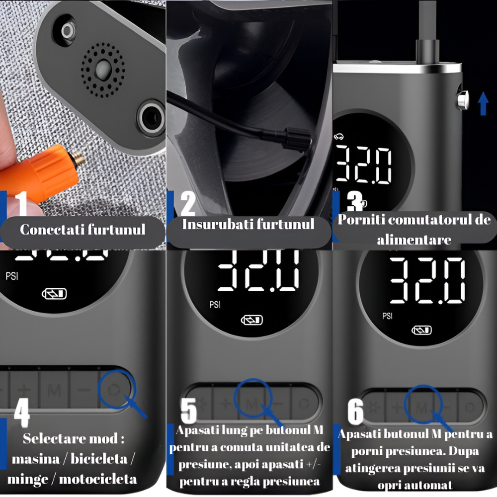 Set pompa aer auto electrica si kit reparatie HASEPE, afisaj digital LCD, Lanterna LED, Portabila, Reincarcare USB, baterie 4000 mAh, Manometru digital, 10,3 bar, Negru [7]