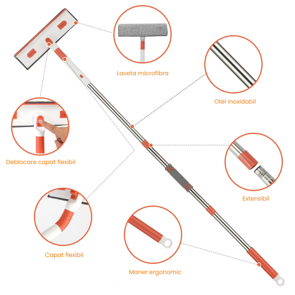 Stergator Geamuri Telescopic Multifunctional HASEPE, Maner Extensibil 29–226 cm, Racleta Cauciuc, 2 Lavete Microfibra, Curatare Geamuri, Gresie, Faianta, Podea, Gri [5]