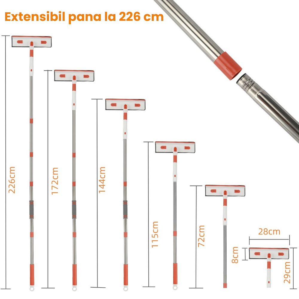 Stergator Geamuri Telescopic Multifunctional HASEPE, Maner Extensibil 29–226 cm, Racleta Cauciuc, 2 Lavete Microfibra, Curatare Geamuri, Gresie, Faianta, Podea, Gri [6]