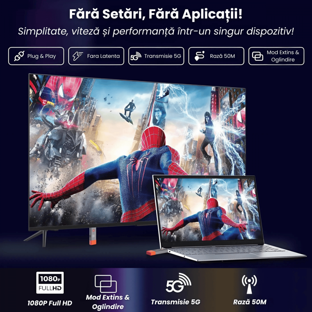 Transmițător și Receptor HDMI Wireless HASEPE, Extender HDMI Full HD 1080P, Plug & Play, Rază 50m, Conexiune 5.8G Stabilă, Compatibil Laptop, PC, TV, Proiector, Consolă Gaming [4]
